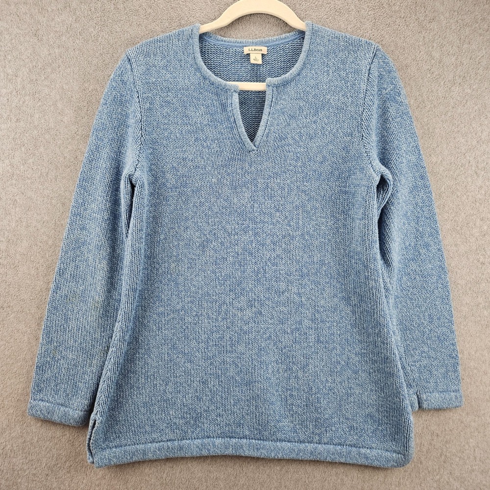 L.L. BEAN Split Neck Sweater Womens L Blue Cotton Knit Pullover Casual Classic